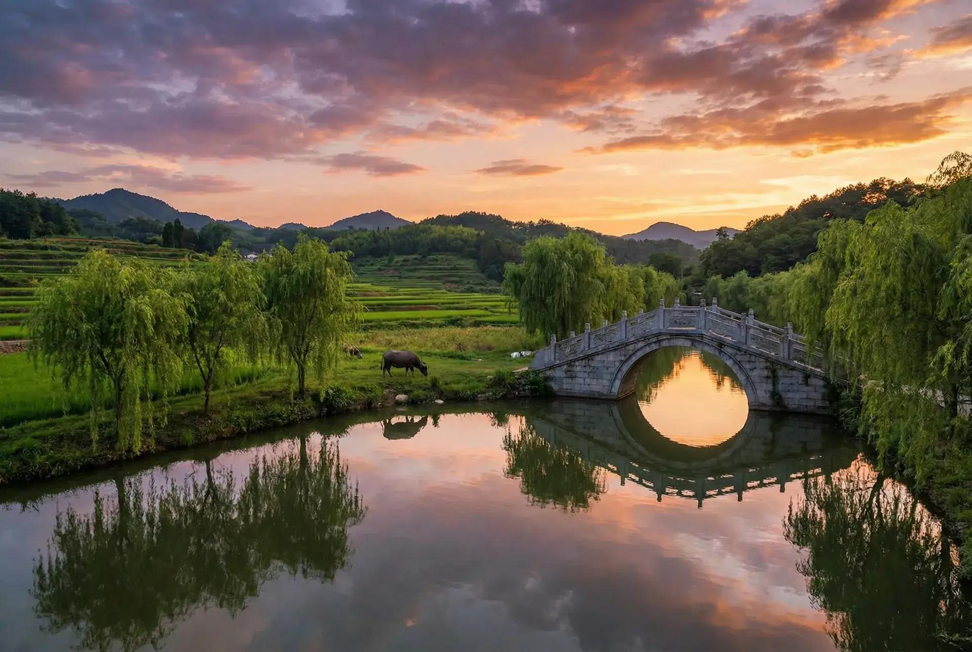 夕阳下的石拱桥与垂柳，水牛在河边吃草 - 我和丈母娘十年战争 乡村美景